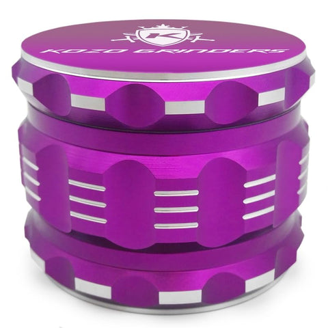 KOZO 2.5-inch grinder top view in purple aluminum, compact for storage.