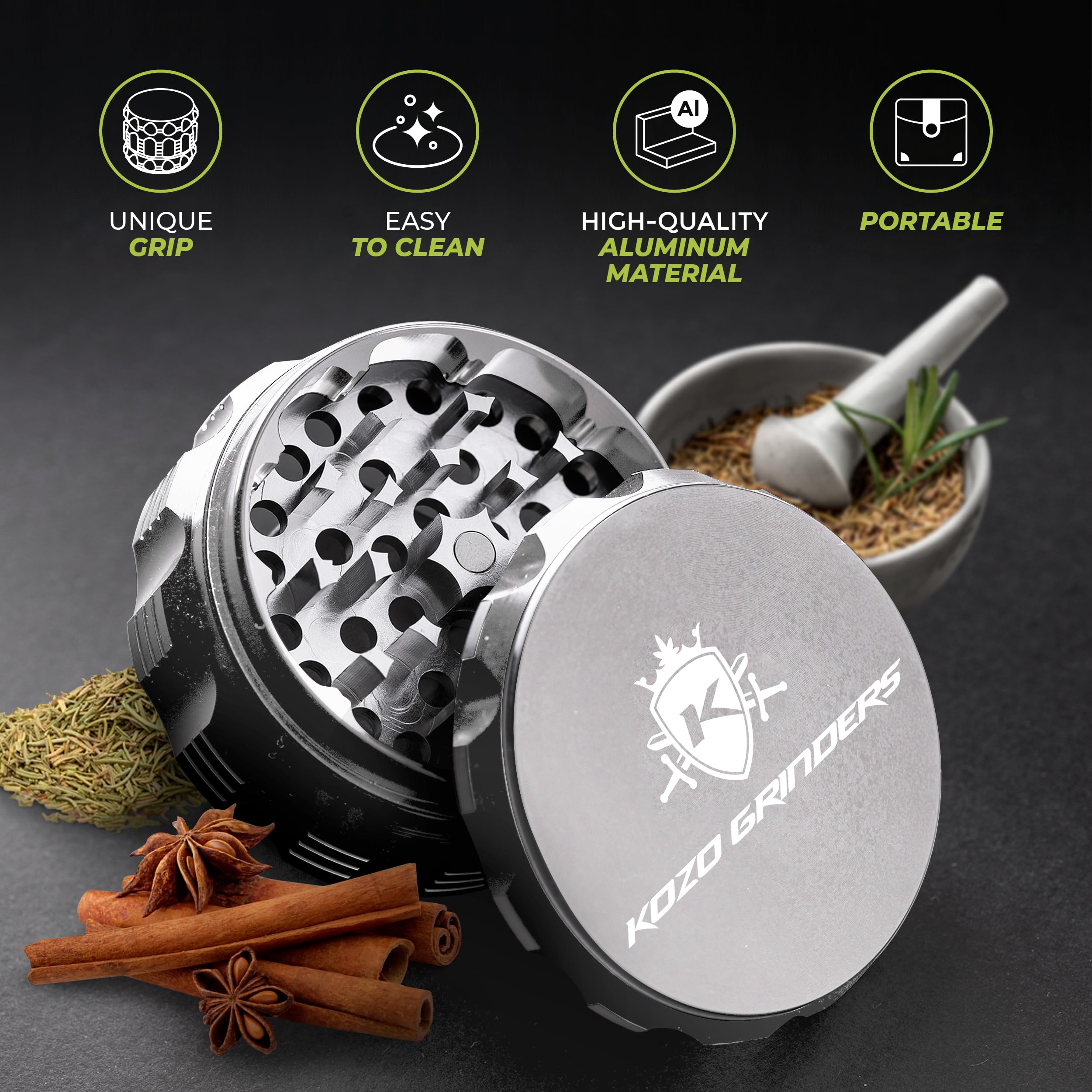 Kozo Grinder Mills Aluminum durable body withstands daily kitchen use.