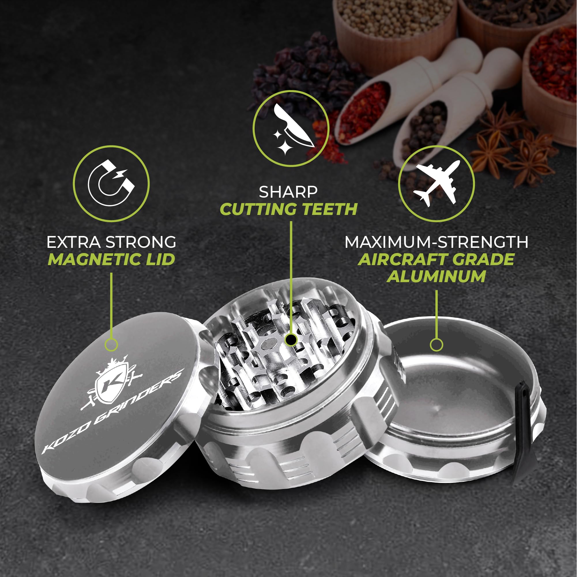 Kozo Grinder Mills Aluminum with Sharp Teeth delivers precise, consistent grinding for herbs.