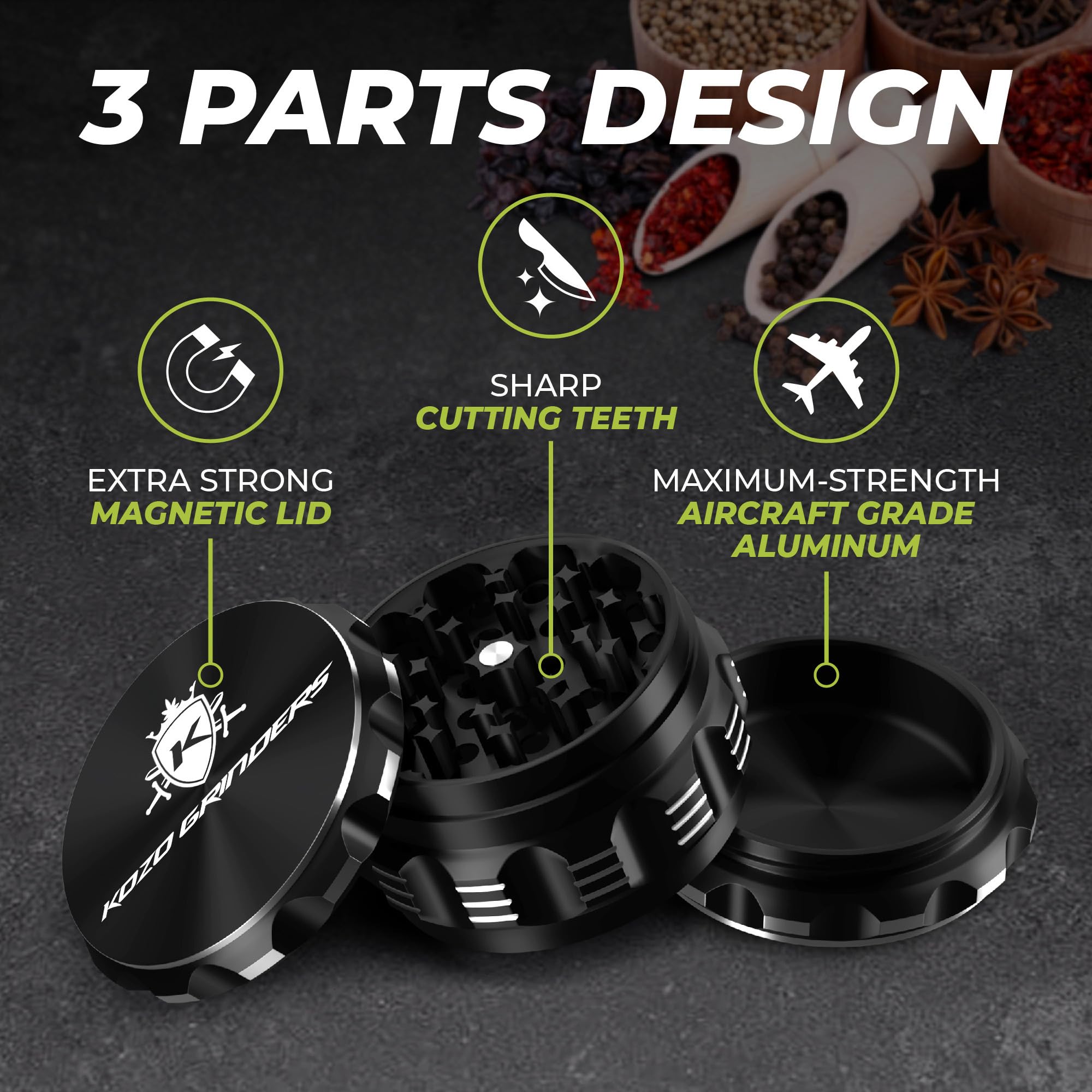 KOZO grinder features sharp teeth for consistent texture.