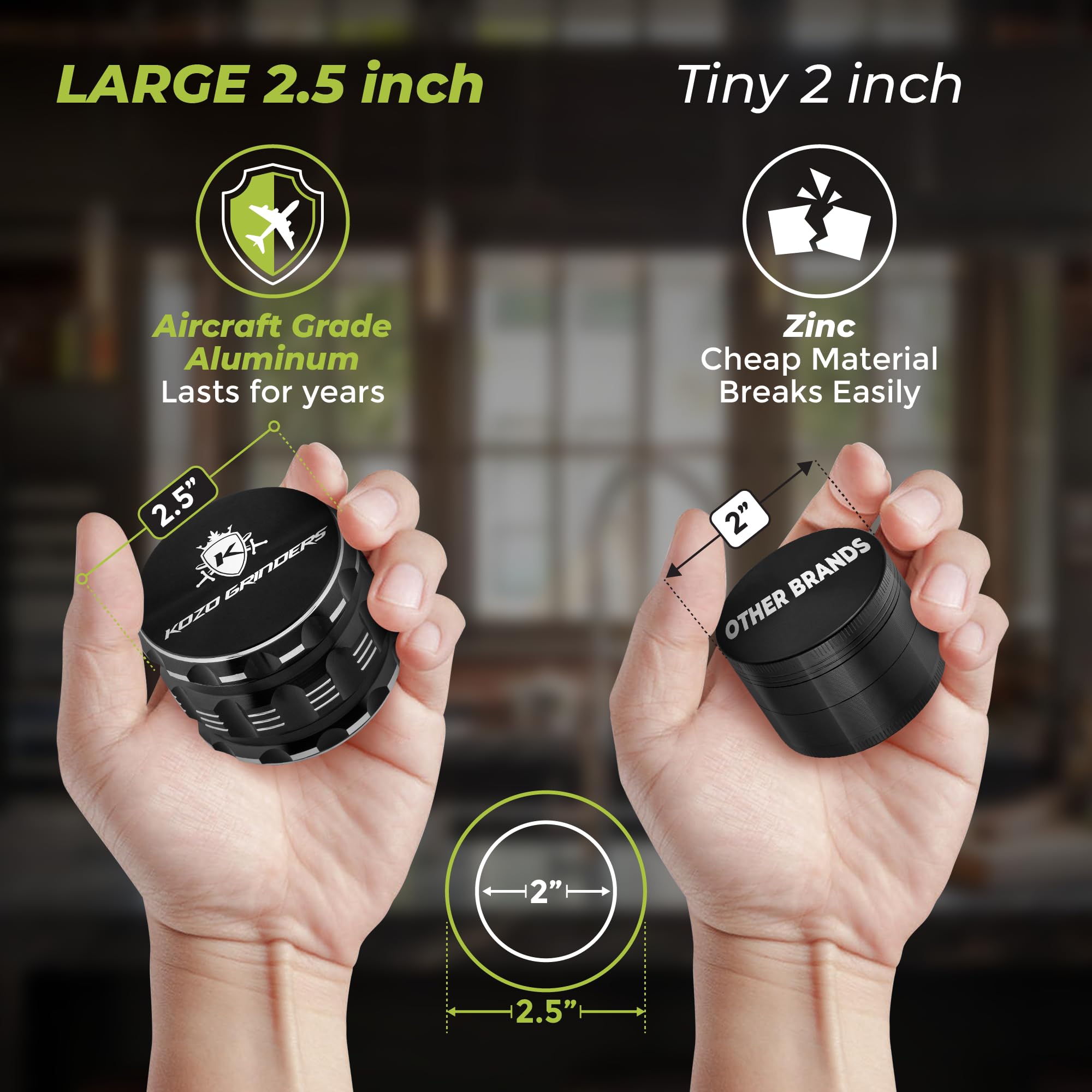 KOZO grinder with strong magnetic lid prevents spills during grinding.