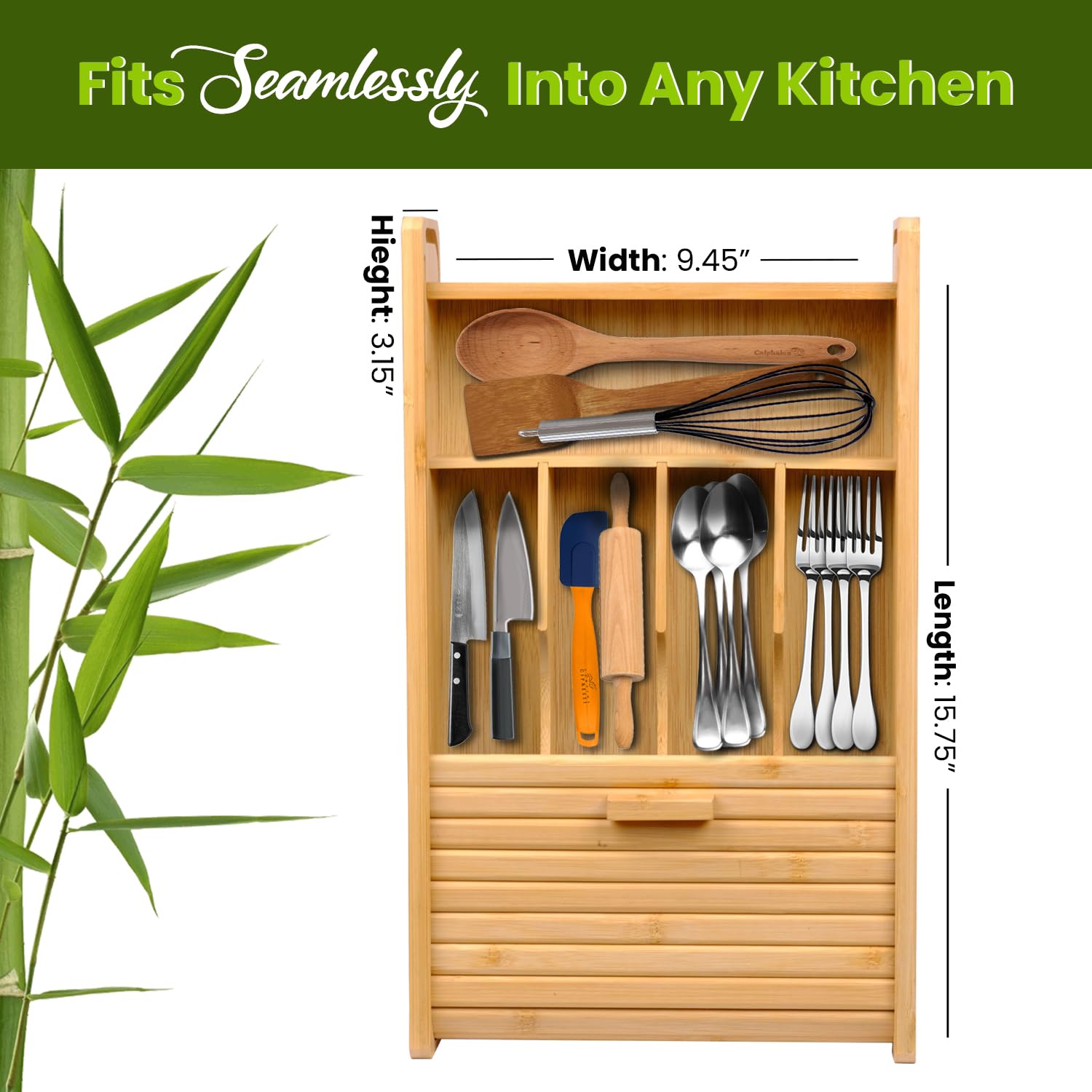 KozyKoala & Co bamboo cutlery tray provides durable natural storage for flatware, keeping drawers tidy.