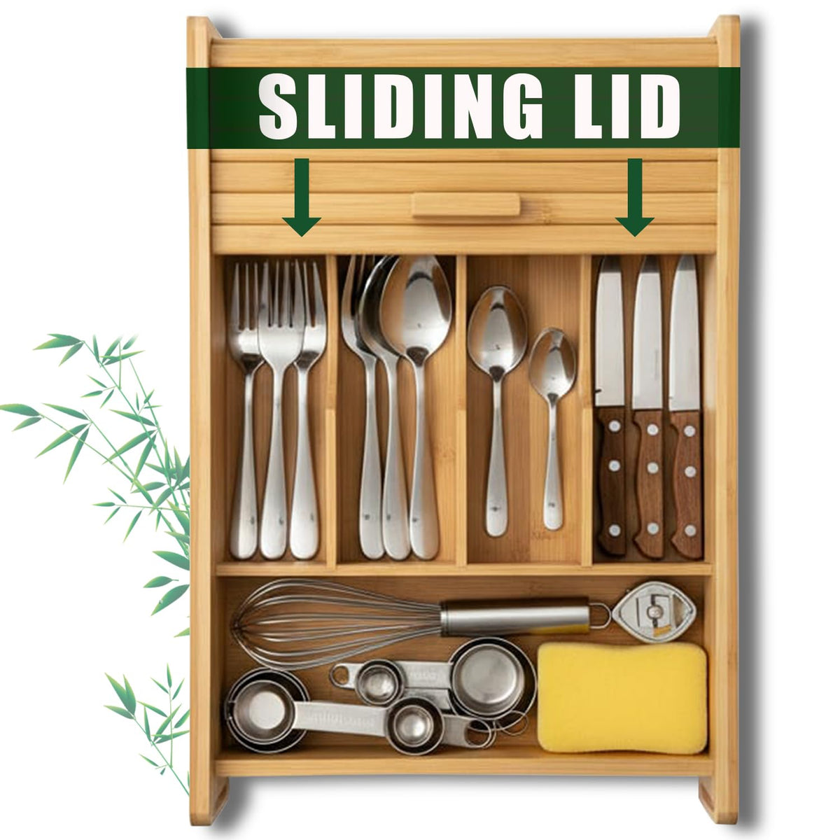 KozyKoala & Co bamboo drawer organizer with sliding lid keeps five compartments neatly accessible.