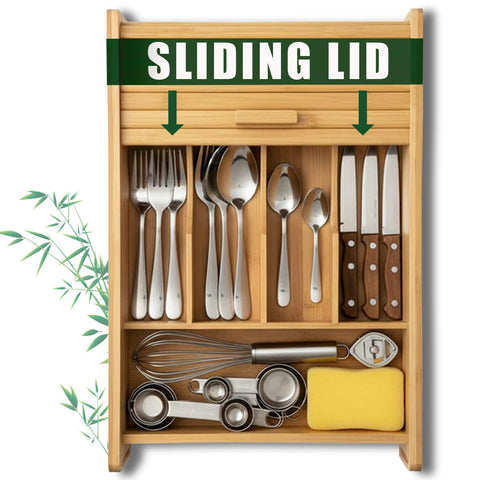 KozyKoala & Co bamboo drawer organizer with sliding lid keeps five compartments neatly accessible.