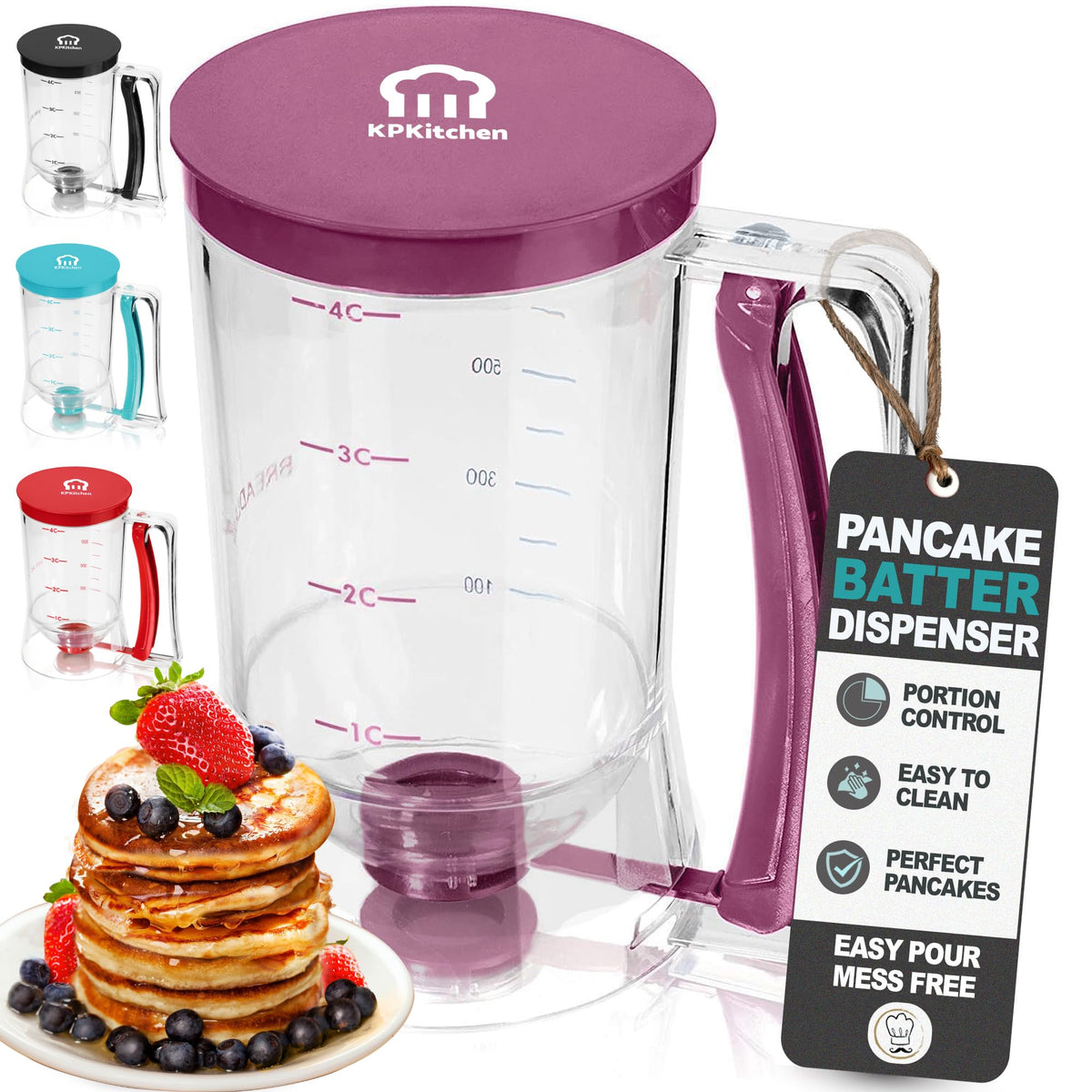 KPKitchen Pancake Batter Dispenser in purple with ergonomic handle for controlled pouring