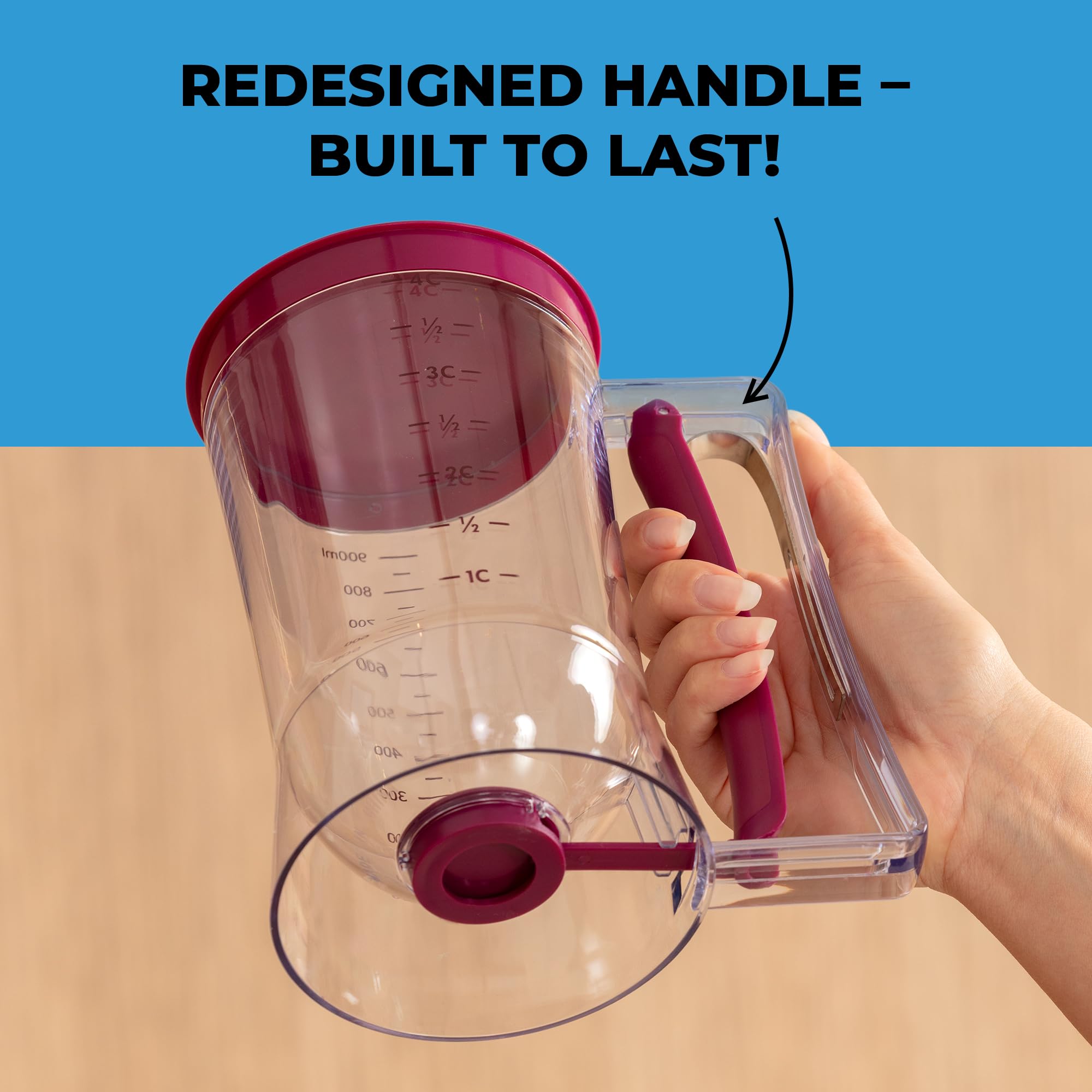 Purple KPKitchen batter dispenser used in a busy kitchen setting