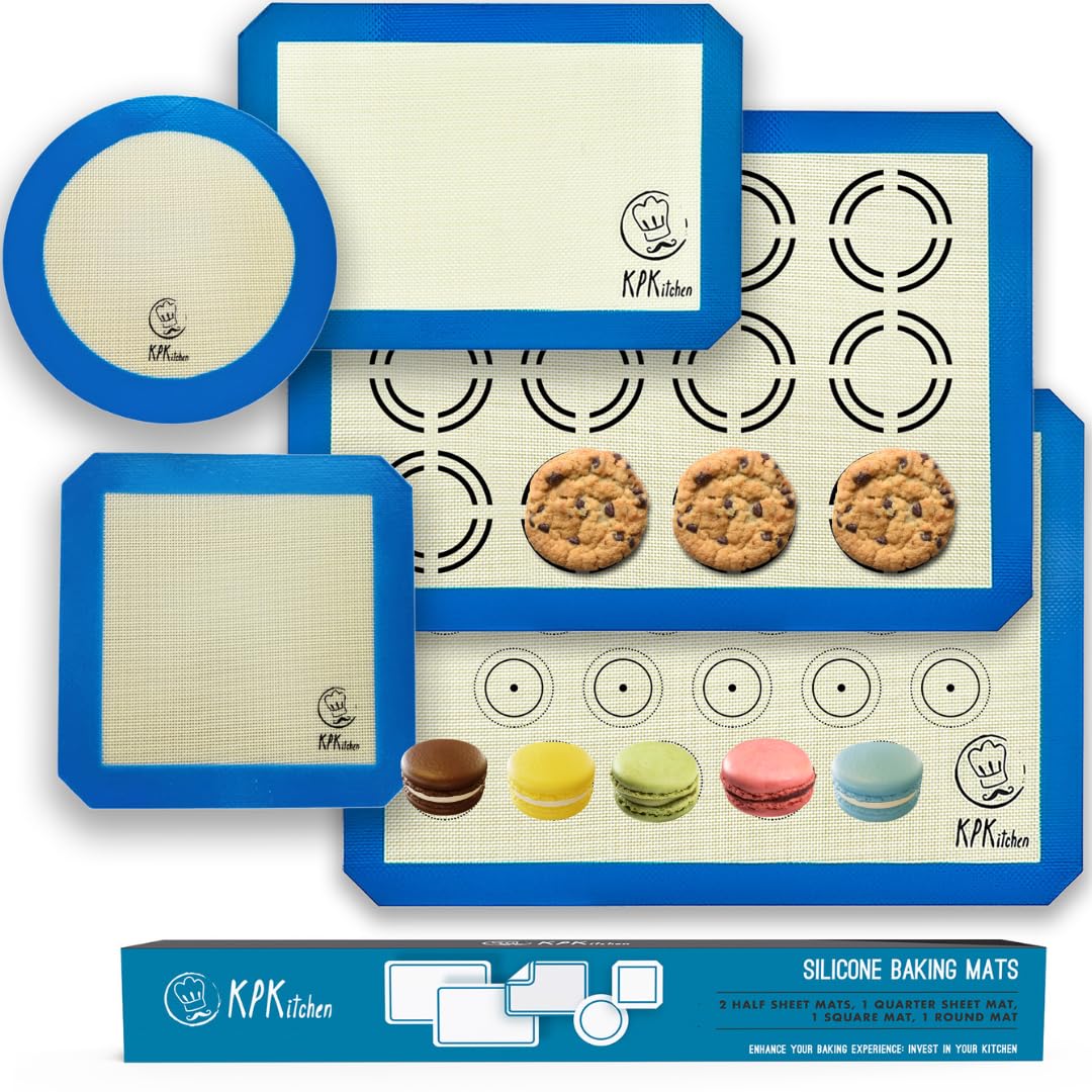 KPKitchen silicone baking mat with macaron circles on half-sheet for easy release