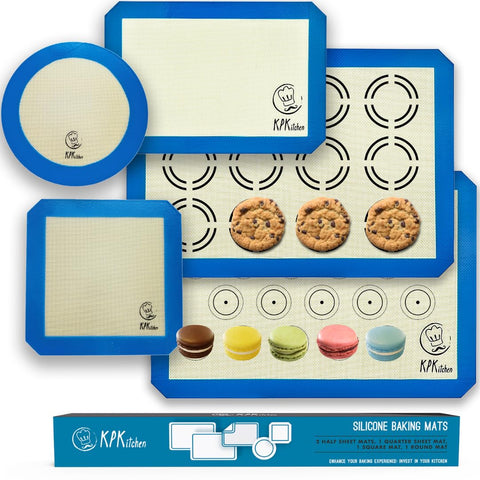KPKitchen silicone baking mat with macaron circles on half-sheet for easy release