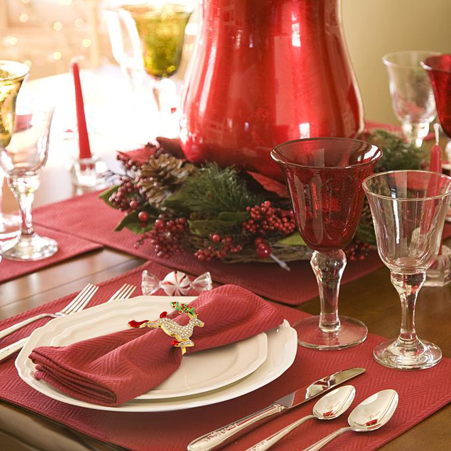 KPOSIYA napkin ring set 12 showcases complete festive place settings.