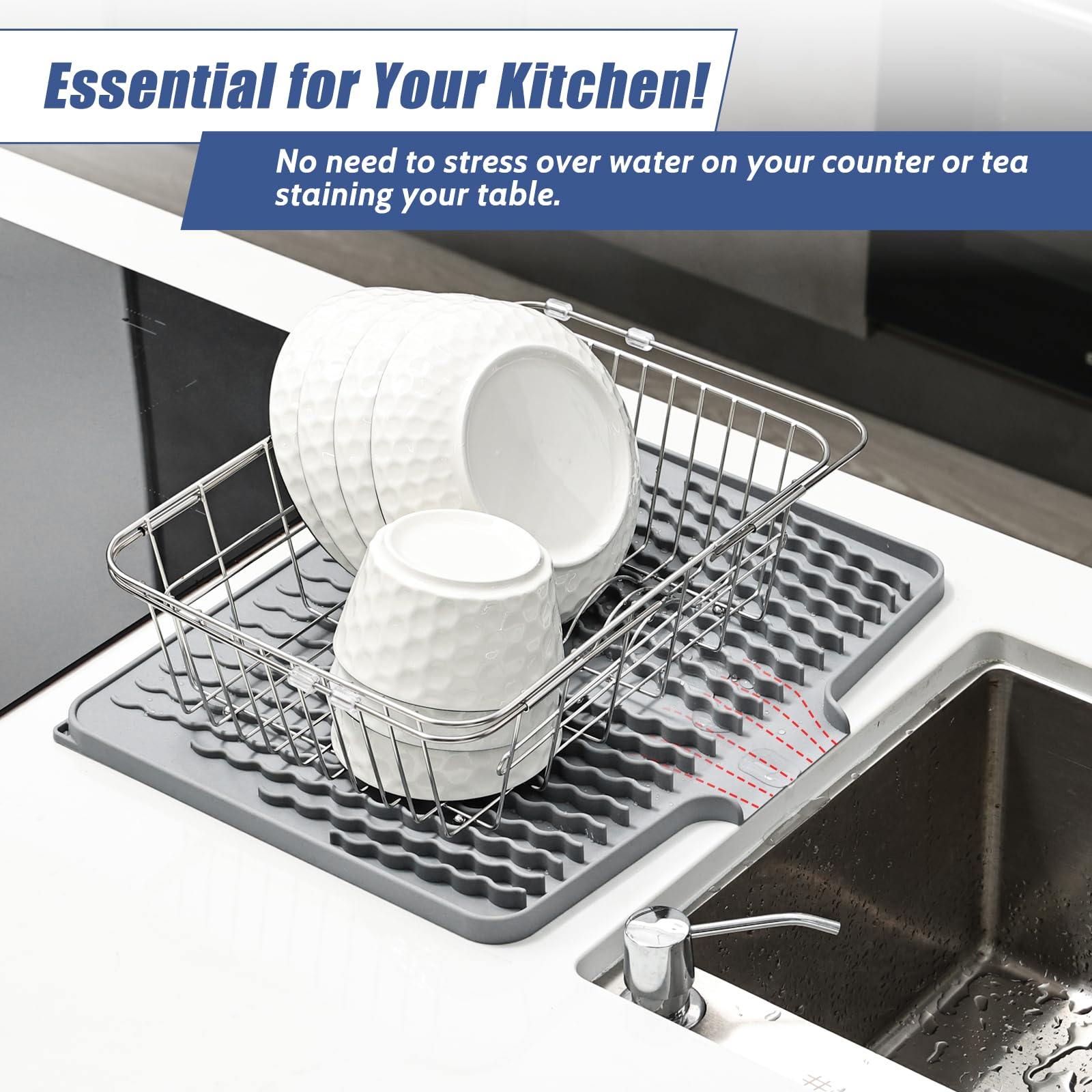 KR KITCHENRAKU silicone mat with drain lip channels water away from counters.