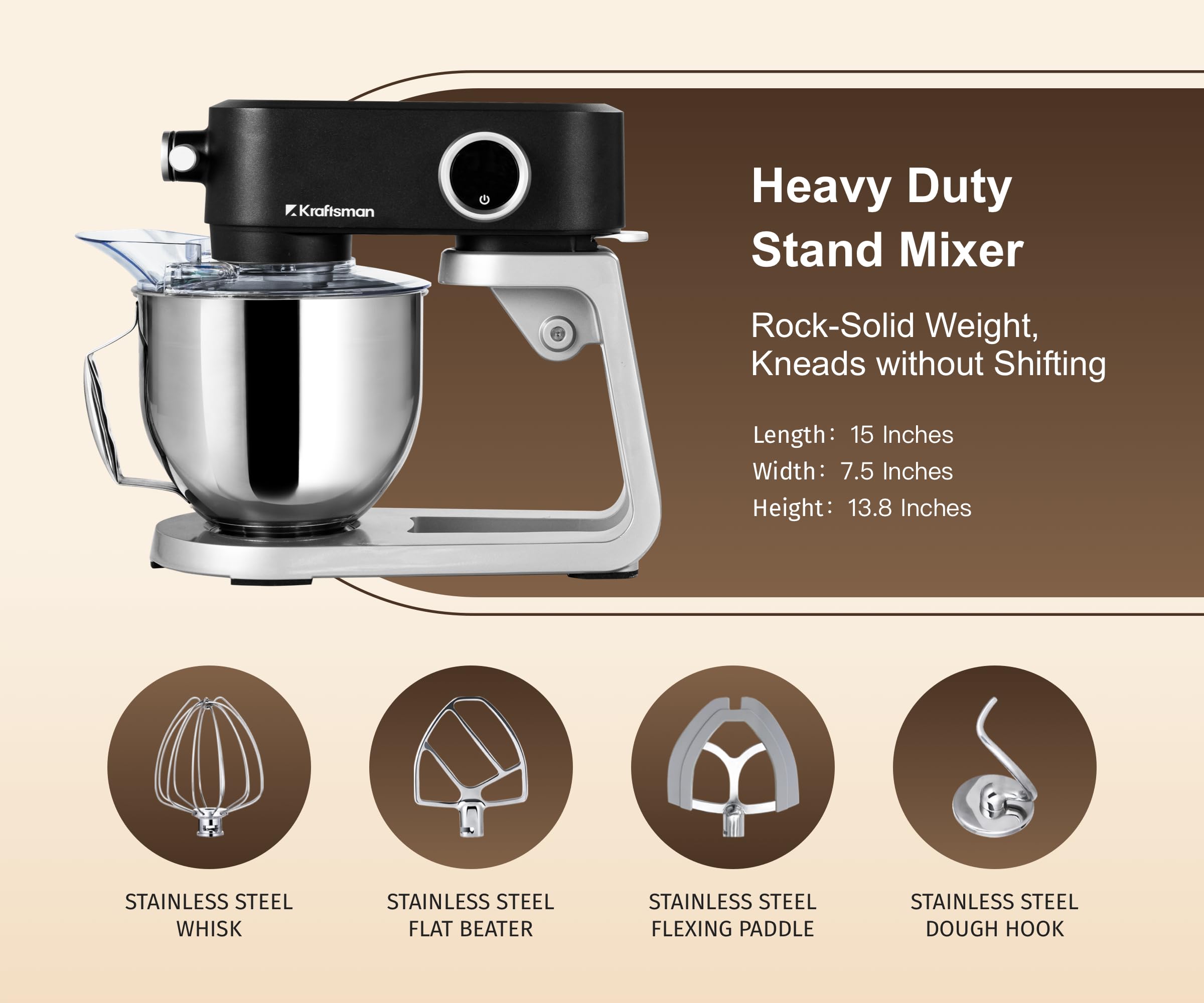 Kraftsman heavy-duty metal body delivering stable operation during kneading