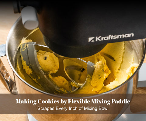 Kraftsman flexible edge paddle reaches every bowl area for complete mixing