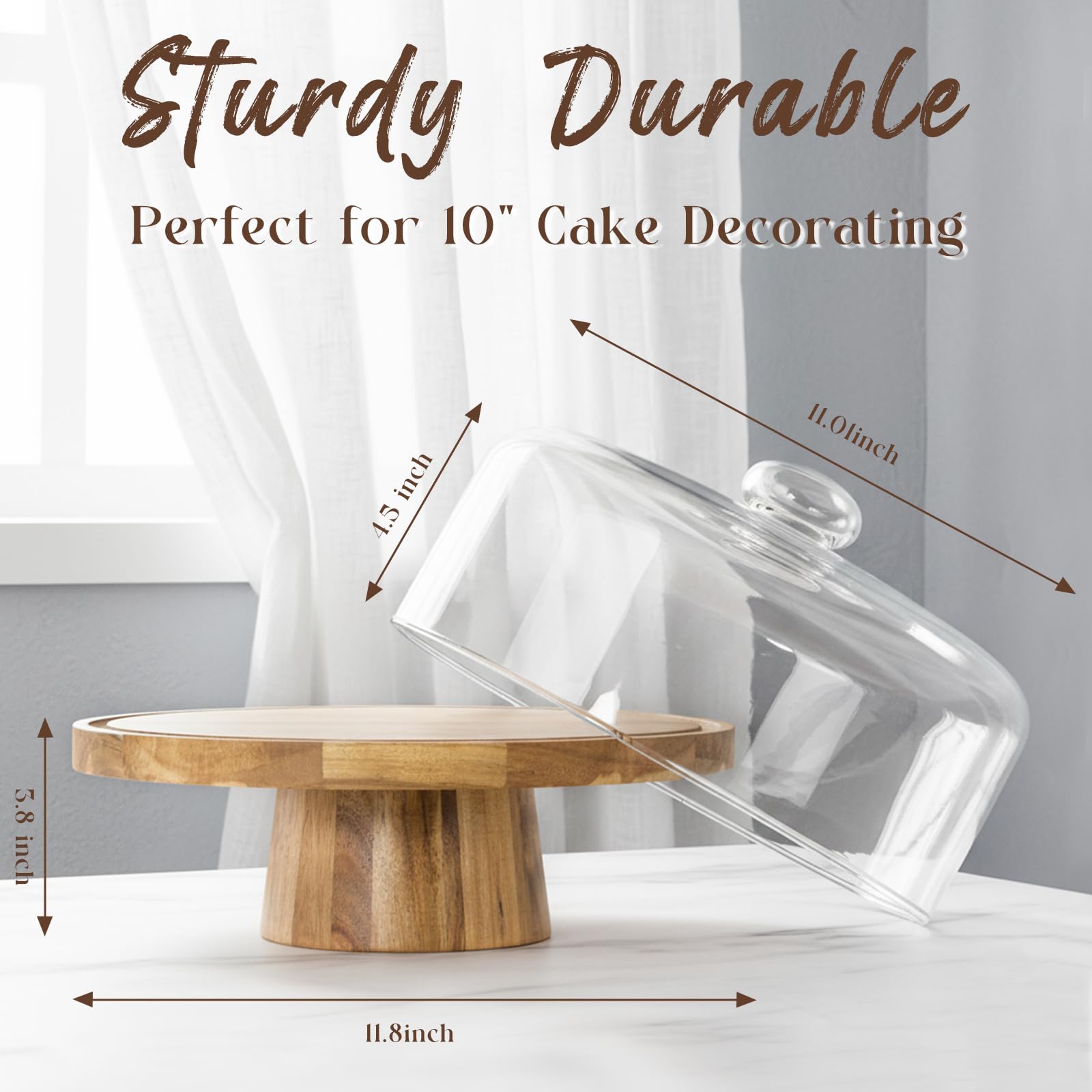 Krbnk 12-inch acacia plate provides sturdy support for tall or delicate desserts.