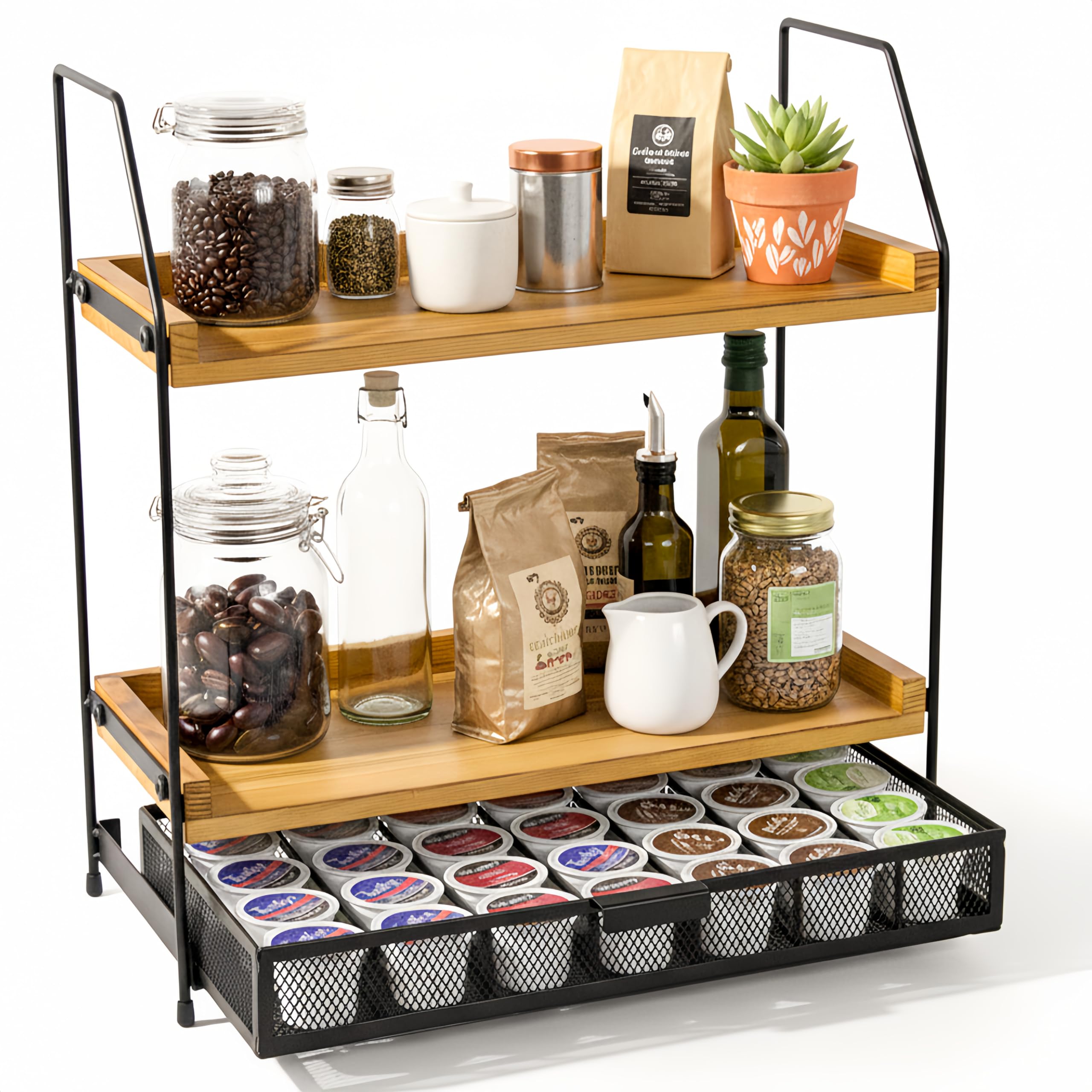 Krbnk Coffee Bar Organizer with 2-tier shelves displaying mugs and syrups for easy access