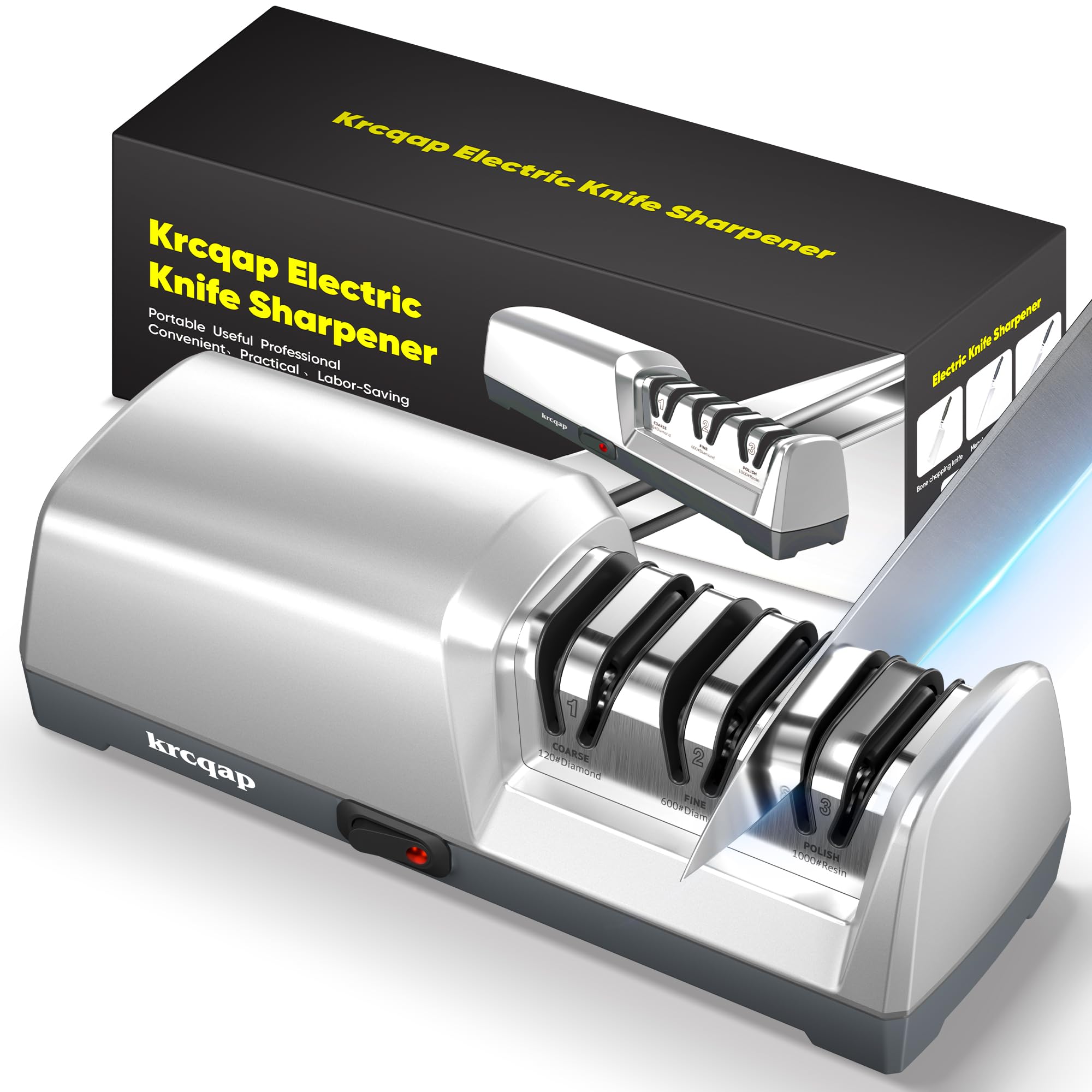 Krcqap electric knife sharpener front view with compact design for quick edge refresh.