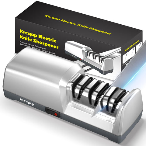 Krcqap electric knife sharpener front view with compact design for quick edge refresh.
