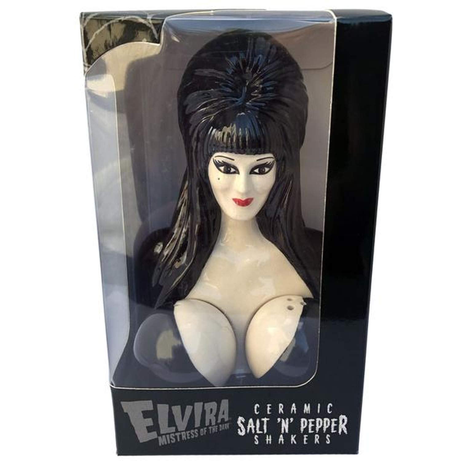 Officially licensed Elvira ceramic shakers offer playful countertop flair.