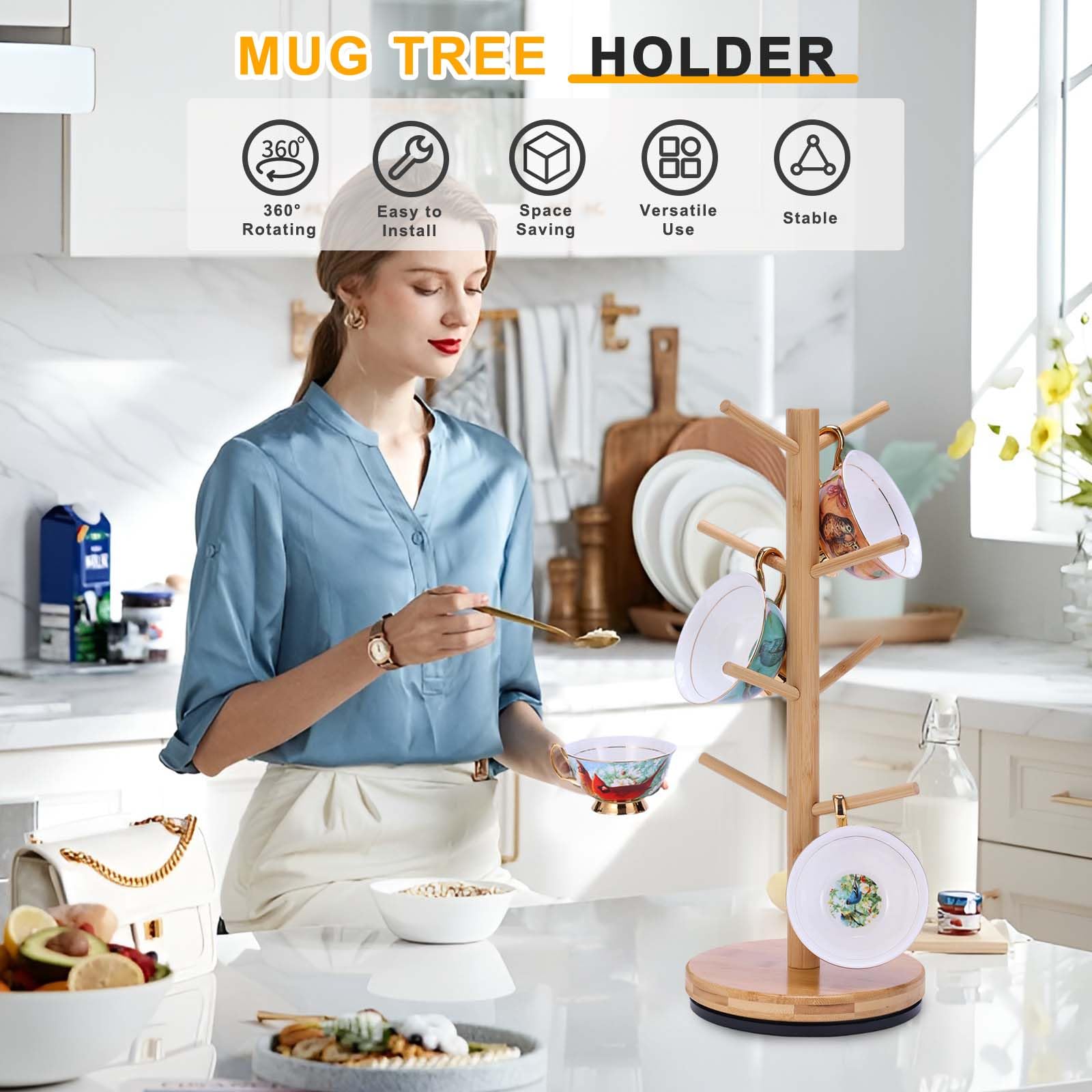 Krispmaild bamboo mug holder shows natural wood grain and stable base.