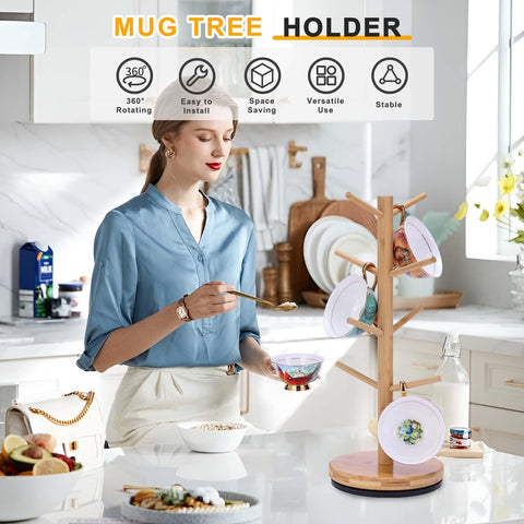 Krispmaild bamboo mug holder shows natural wood grain and stable base.