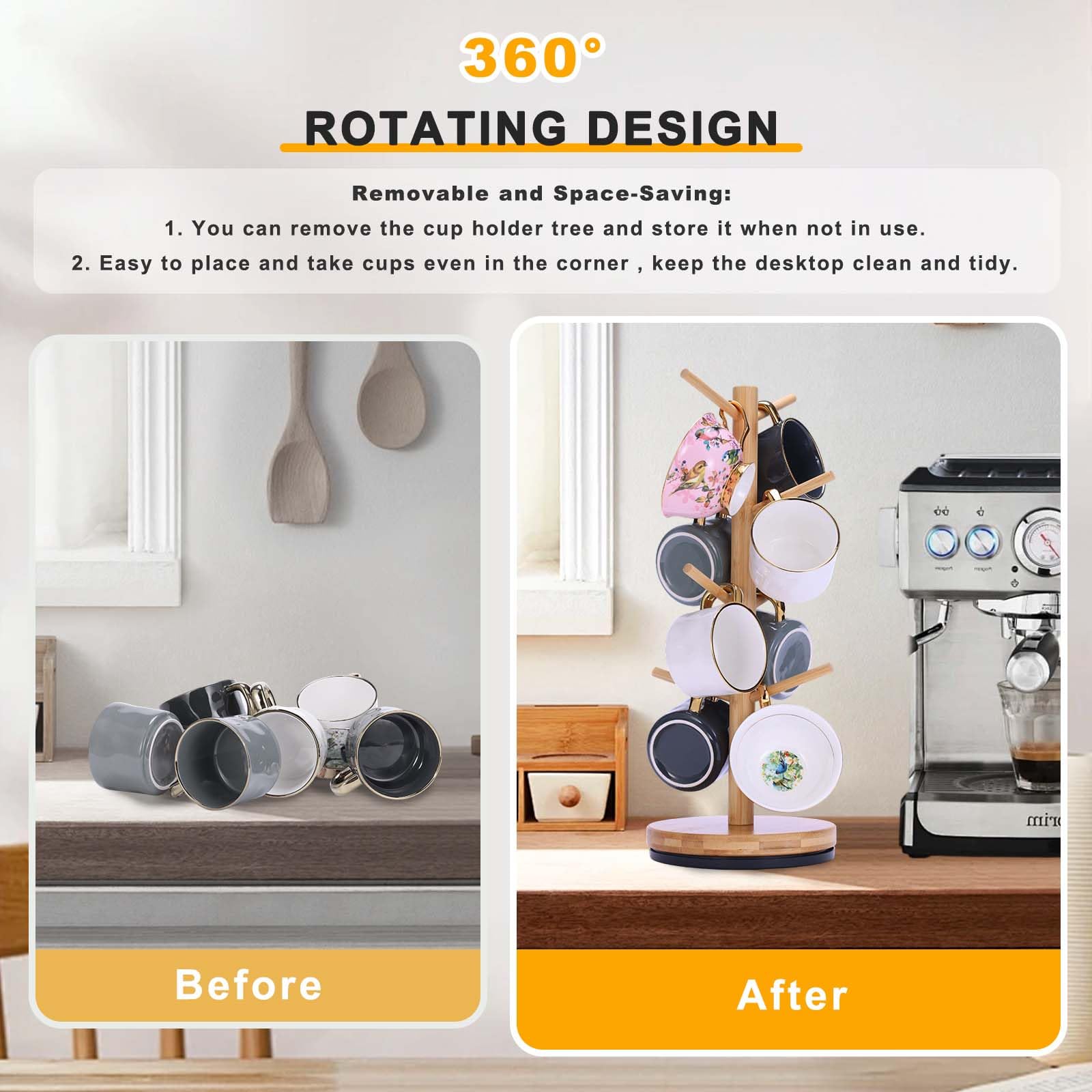 Krispmaild coffee bar stand saves counter space with graceful mug display.