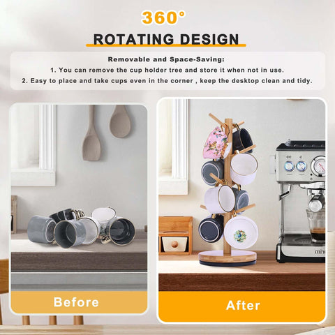 Krispmaild coffee bar stand saves counter space with graceful mug display.