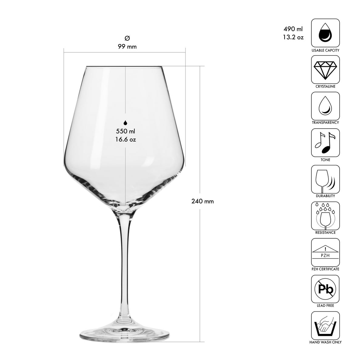 Krosno classic red wine glass with long stem enhances aroma release