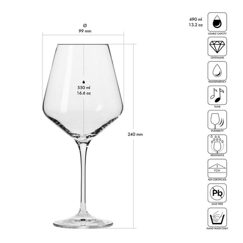 Krosno classic red wine glass with long stem enhances aroma release