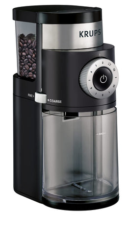 KRUPS Precision Burr Grinder front view in stainless steel, compact for small kitchens.