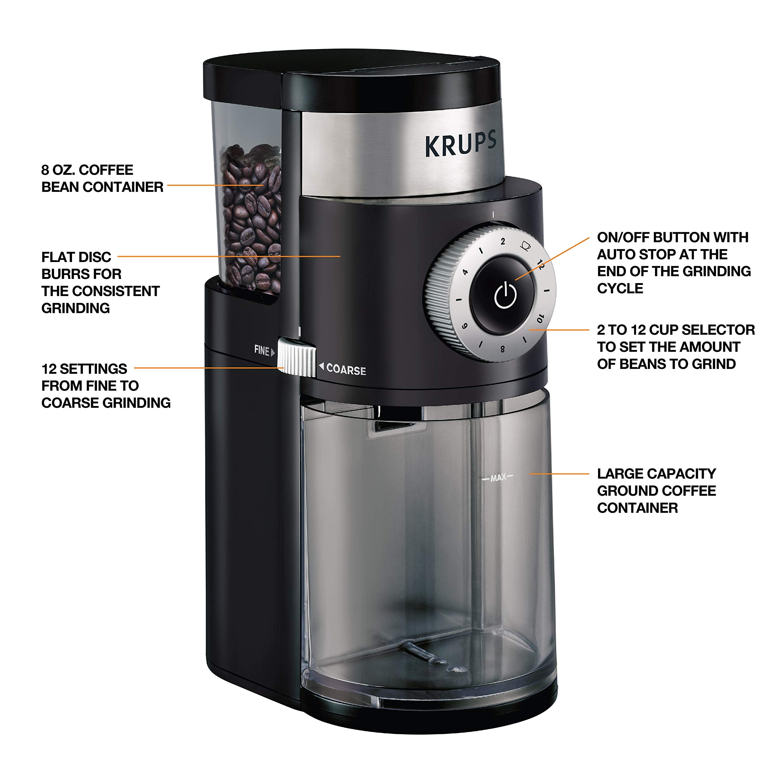 KRUPS hopper filled with beans, 8 oz capacity for everyday brews.