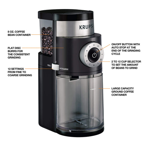 KRUPS hopper filled with beans, 8 oz capacity for everyday brews.