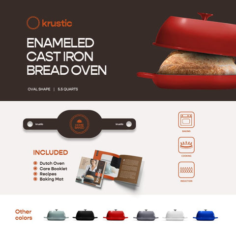 Krustic enamel interior helps retain heat for steady baking