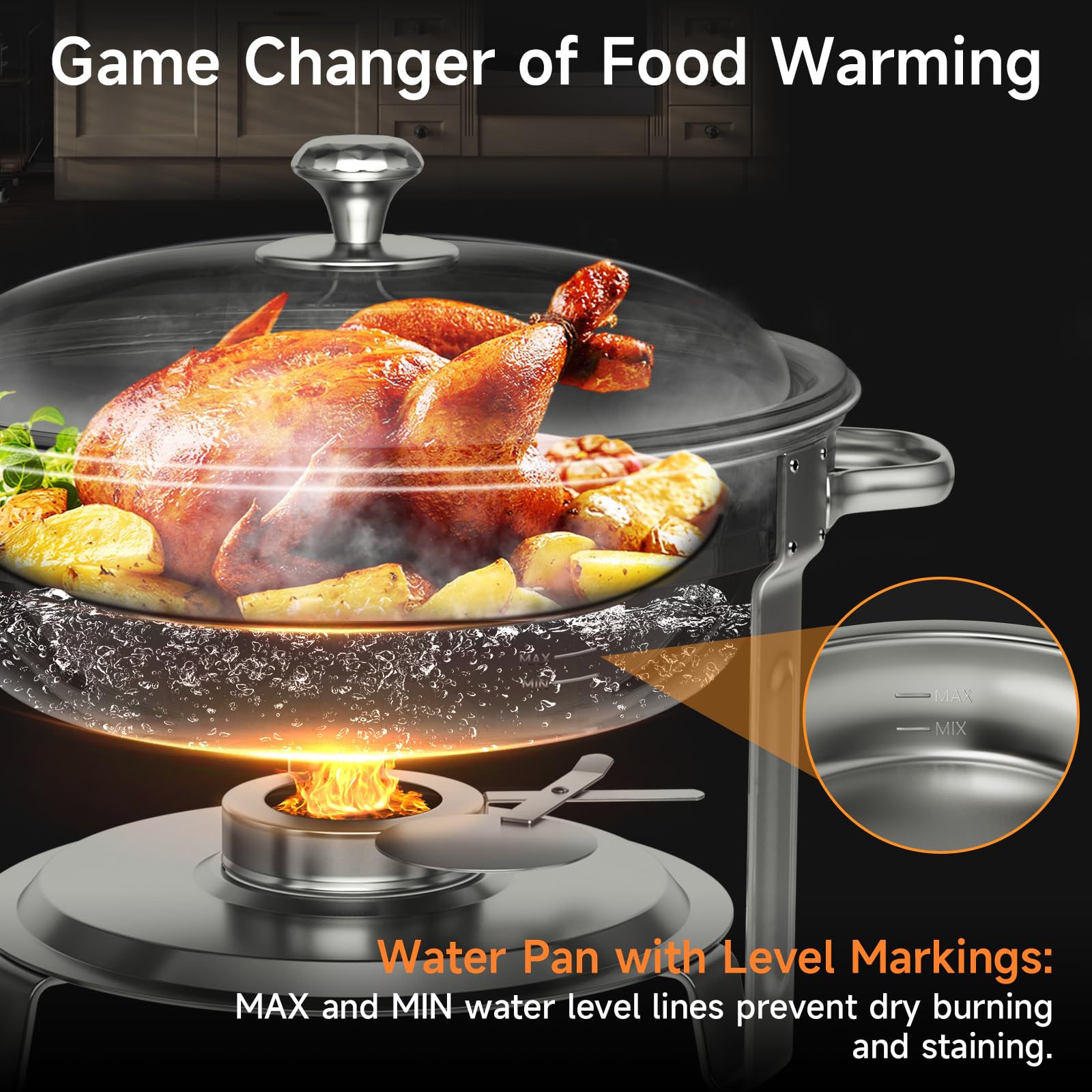 KScocina chafing dish silver finish adds elegant presentation for buffet setups.