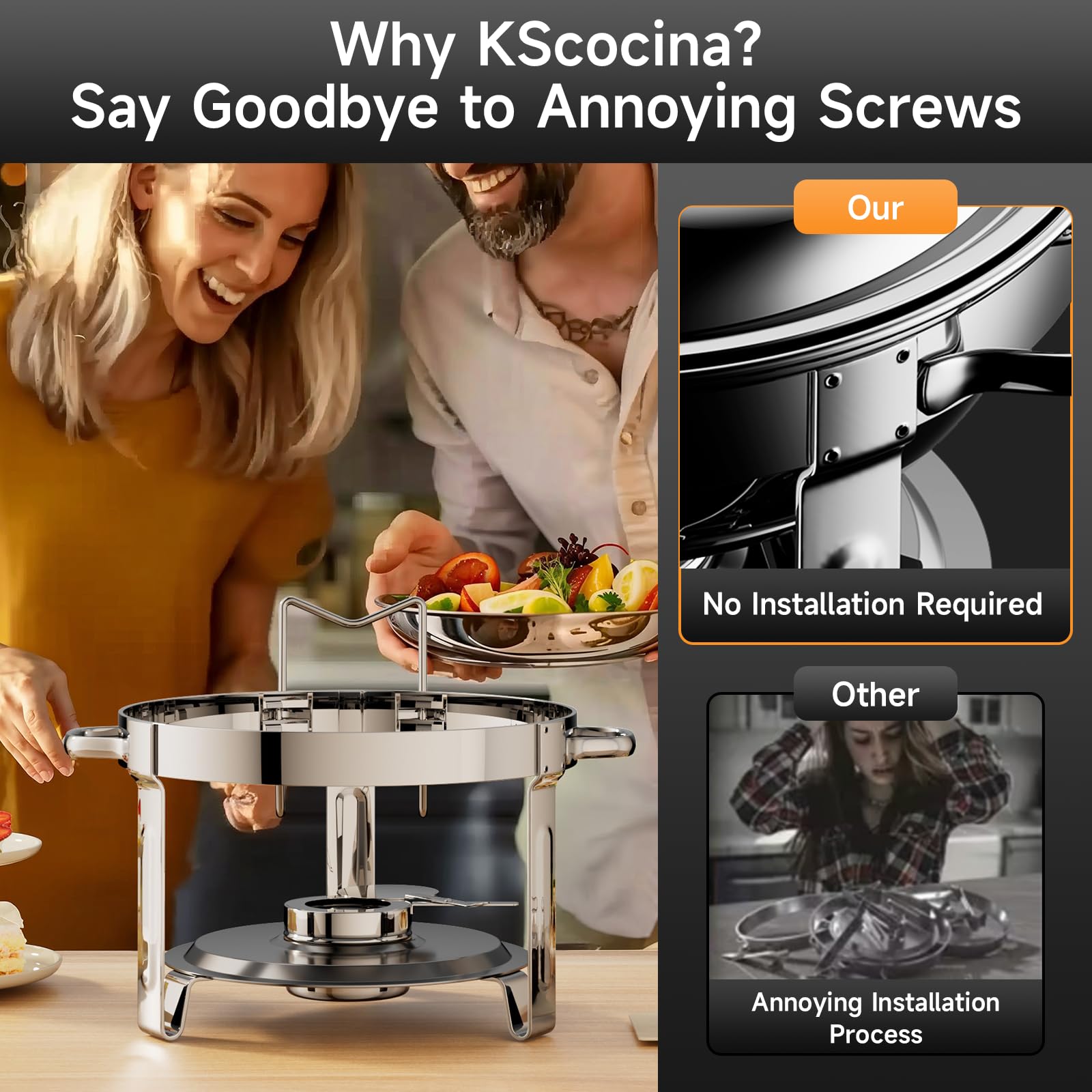 KScocina chafing dish sturdy stand design keeps serving steady.