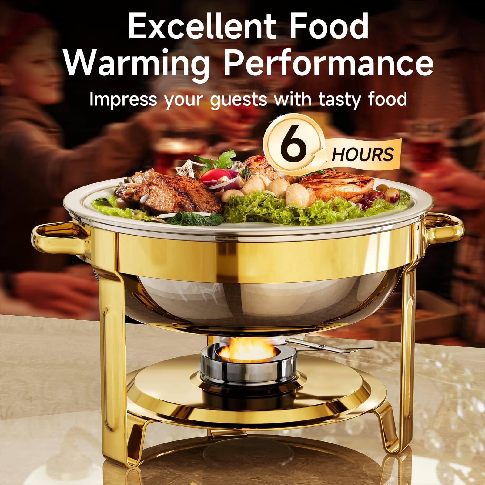 KScocina golden chafing dish lid close-up, safe handling at events