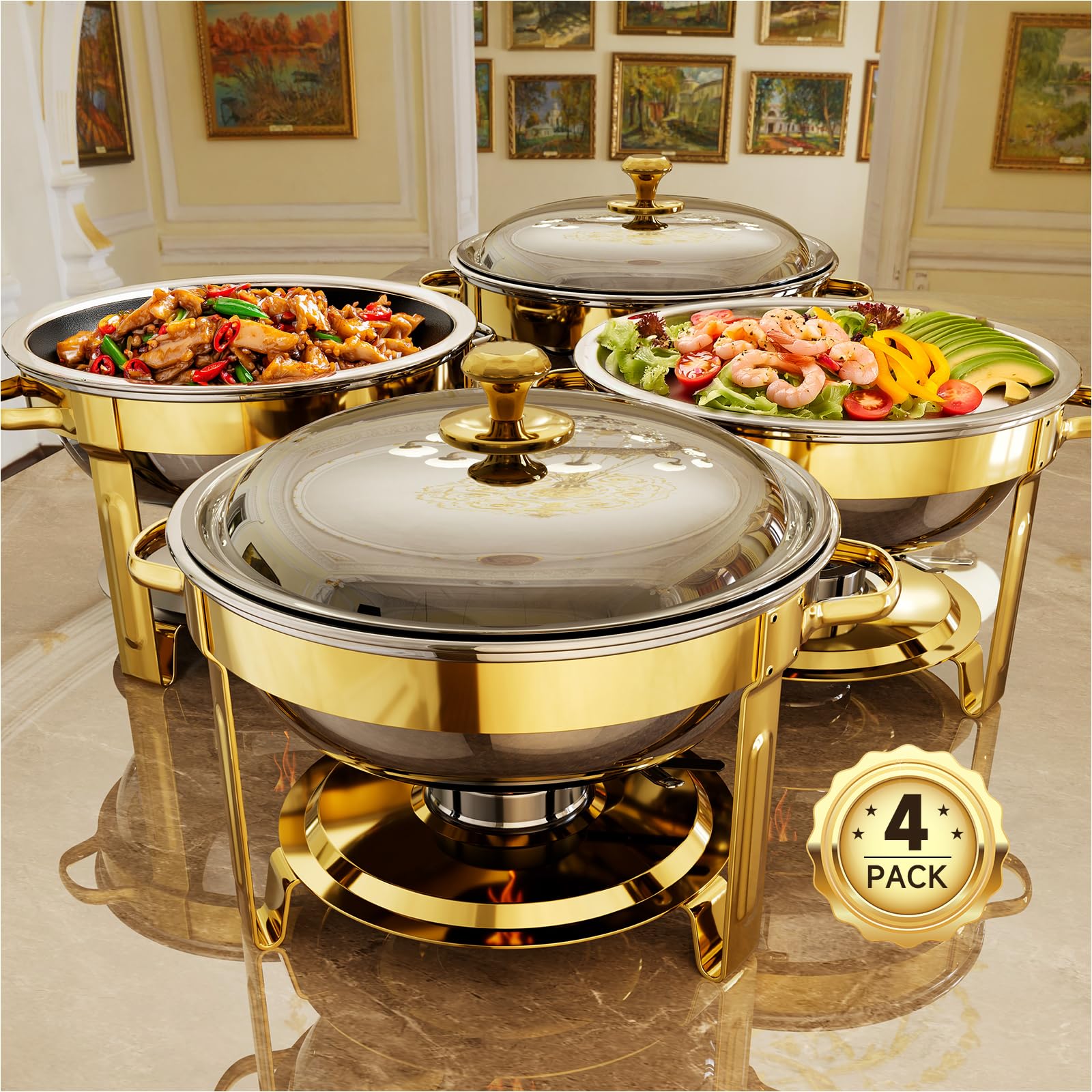 KScocina golden four-pack chafing dishes on table, ideal for elevating buffet warmth and presentation