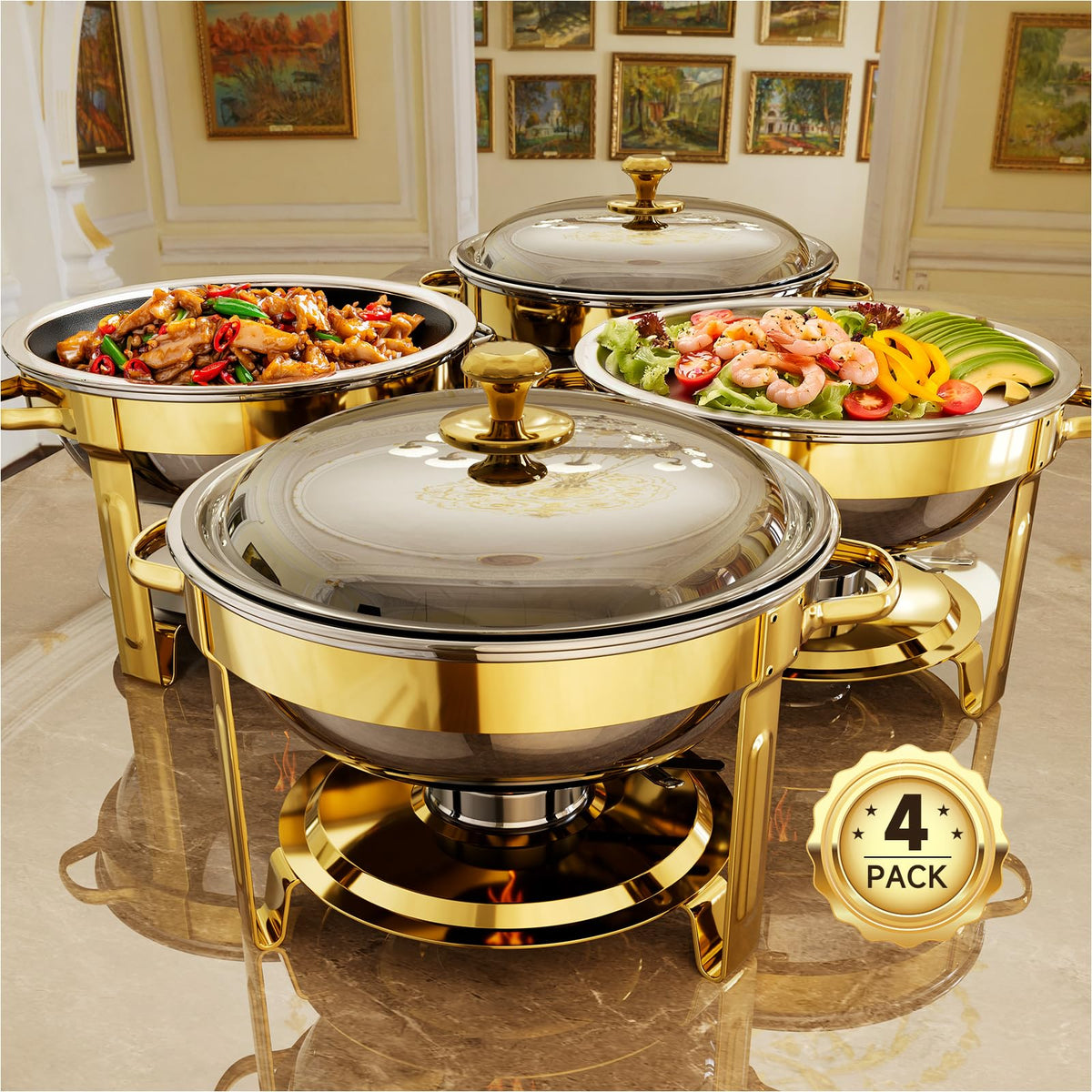 KScocina golden four-pack chafing dishes on table, ideal for elevating buffet warmth and presentation