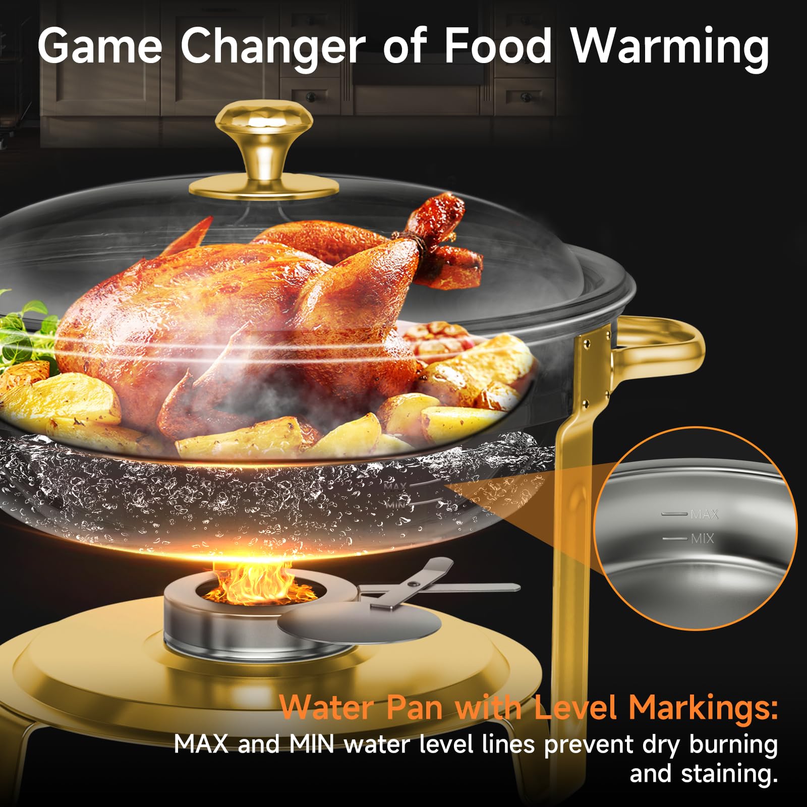 KScocina golden water basin with level indicators helps maintain ideal warmth