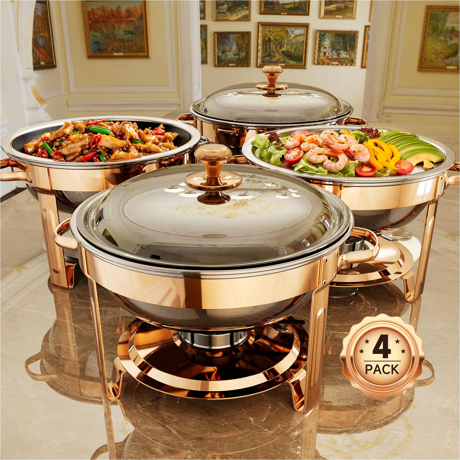 KScocina rose gold chafing dish set for elegant buffet service.