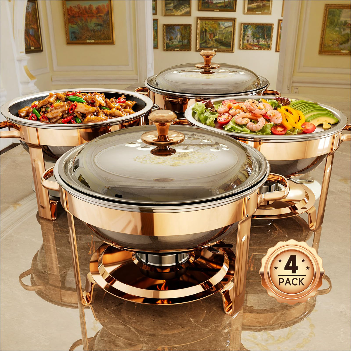 KScocina rose gold chafing dish set for elegant buffet service.