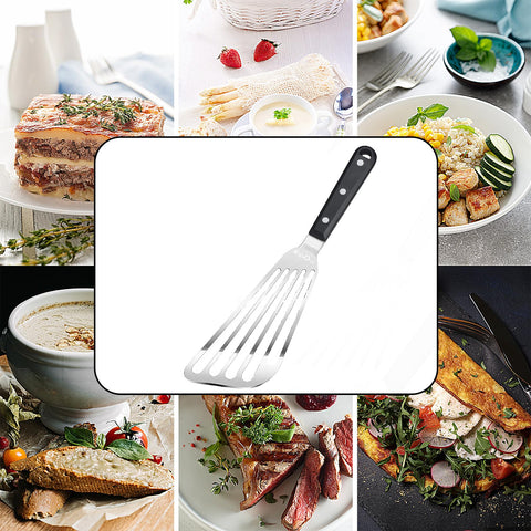 KSENDALO angled spatula shows hollow handle and stable lifting on a pan edge.