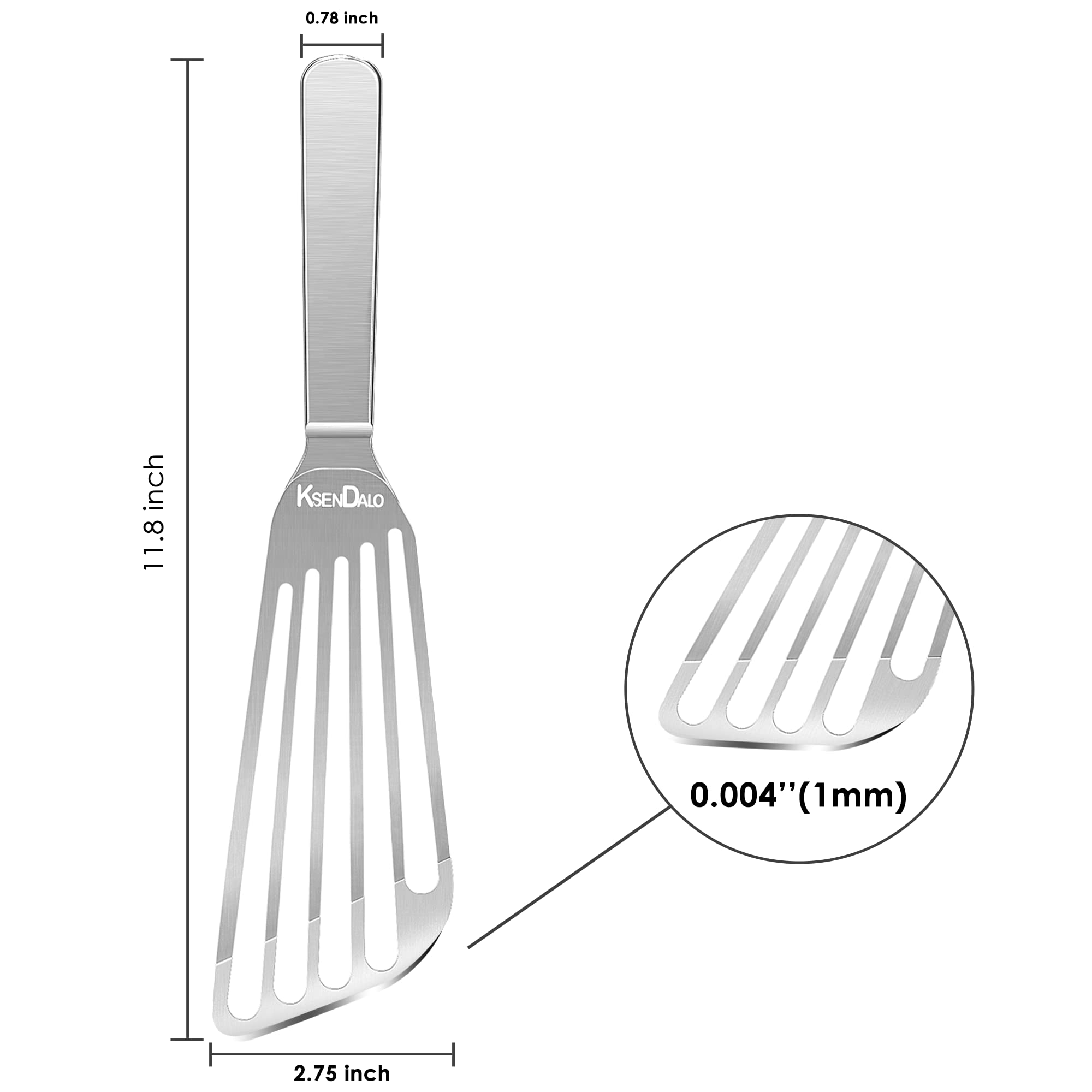 KSENDALO grill spatula with slotted edge flipping burgers and veggies.