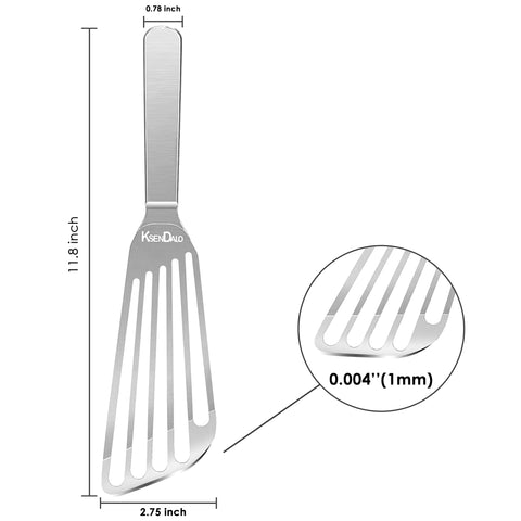 KSENDALO grill spatula with slotted edge flipping burgers and veggies.