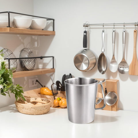 KSENDALO stainless cup with ergonomic handle for comfortable gripping and steady pouring.