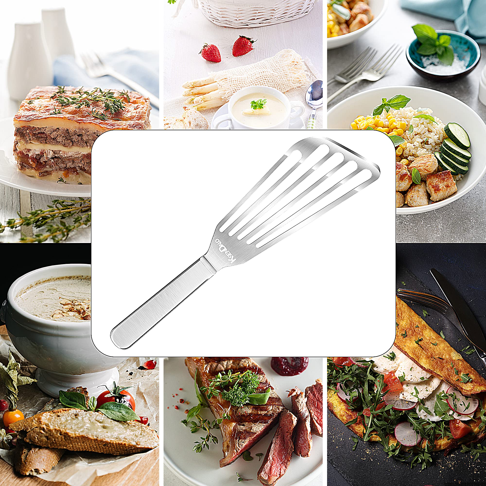 KSENDALO stainless steel angled blade spatula offers precise lifting on grills.