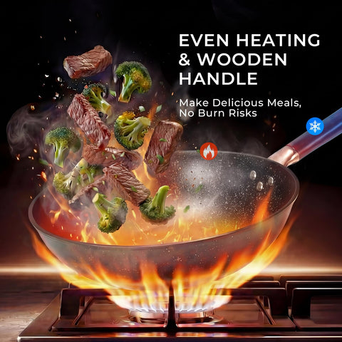 Kseroo wooden-handle wok offers stay-cool grip during high-heat sauté.