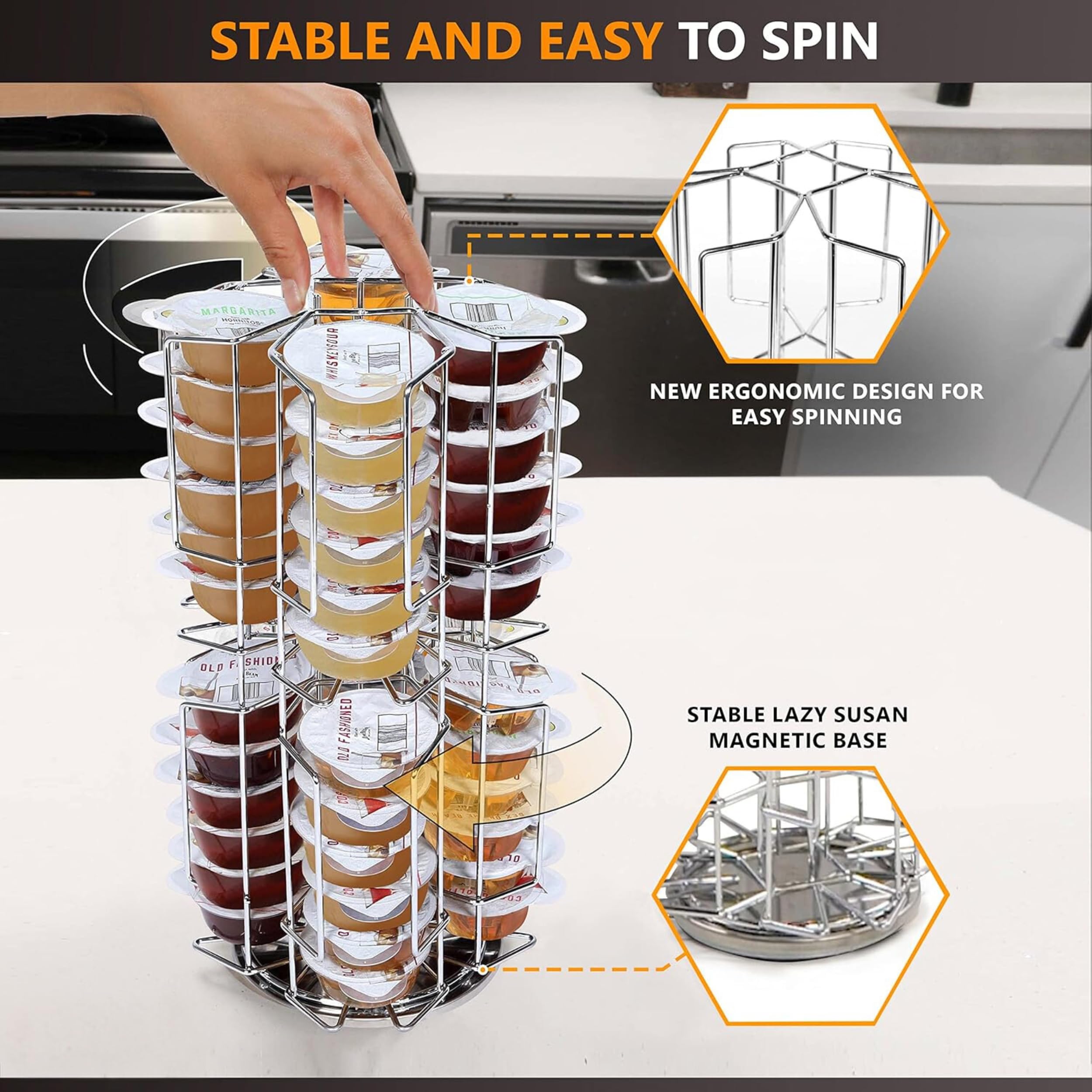 Ksestor chrome storage carousel counter-use beside Bartesian machine for quick access.