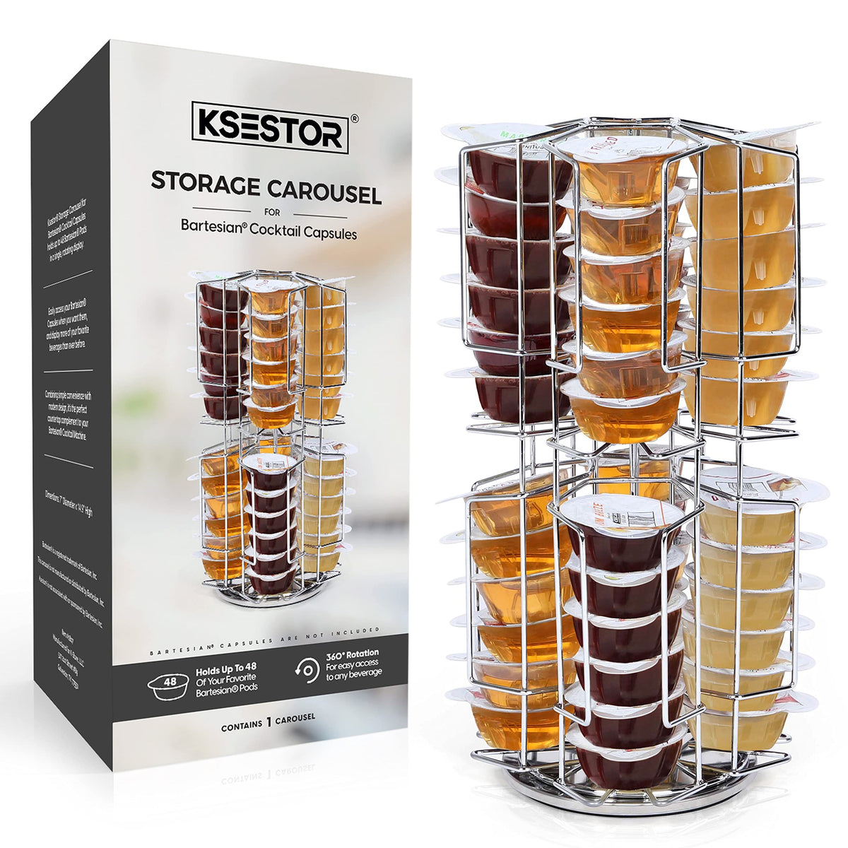 Ksestor chrome storage carousel front view with 48-pod capacity for Bartesian capsules.