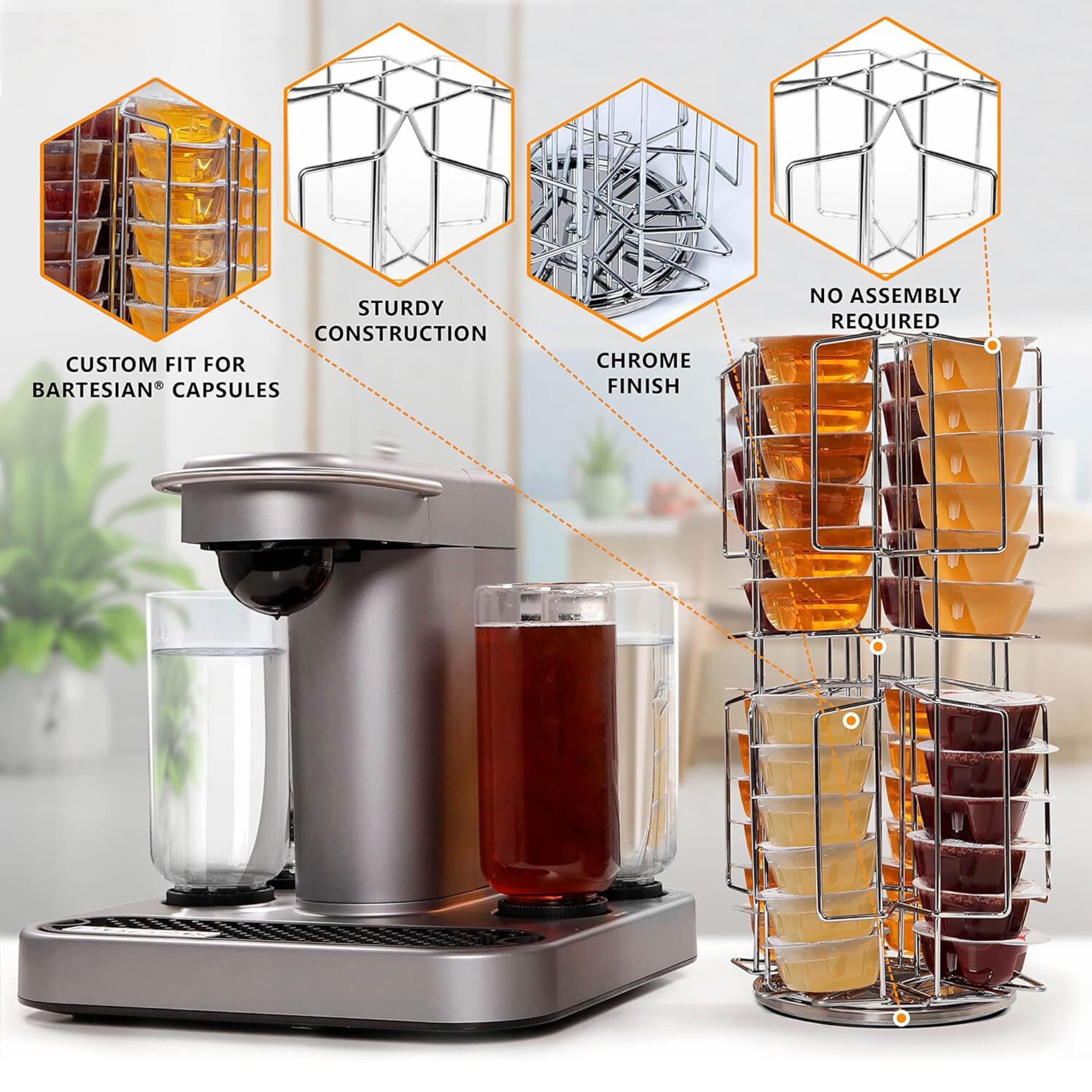 Ksestor chrome carousel pod-dispensing closeup shows pod slots for easy access.