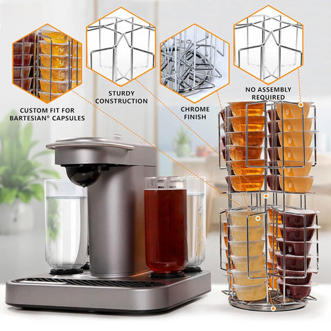 Ksestor chrome carousel pod-dispensing closeup shows pod slots for easy access.