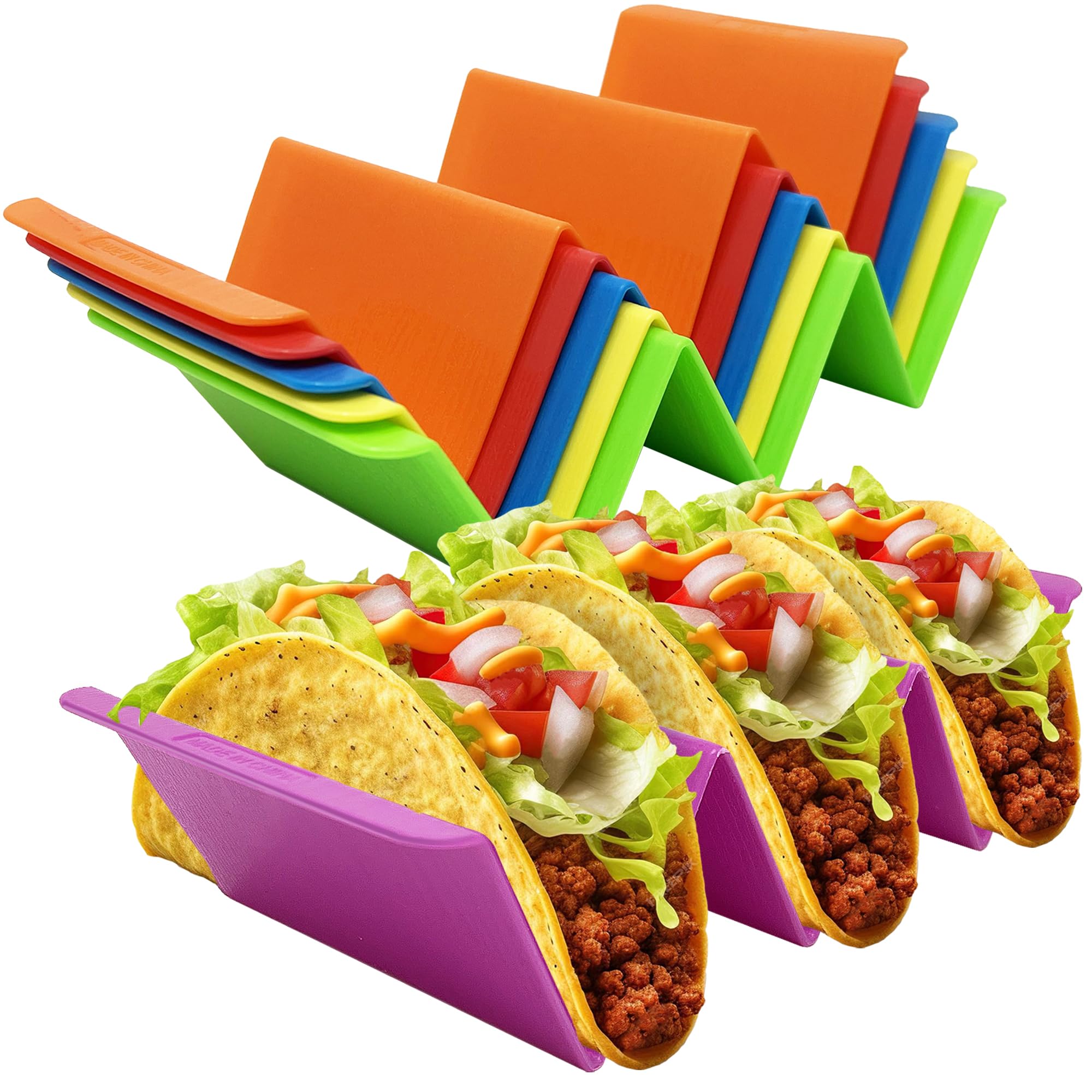 KSEV kitchen taco holder stand in an extra-large 6-pack keeps tacos upright for neat fillings.